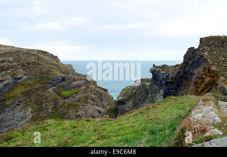 Tintagel Castle in Cornwall, UK, this photograph was taken from a public footpath. Stock Photo