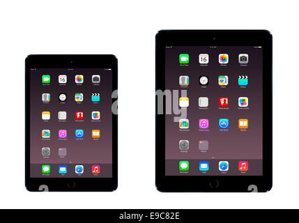 Tablets iPad mini 3 iPad air 2 (space gray)  with apps, digitally generated artwork. Stock Photo