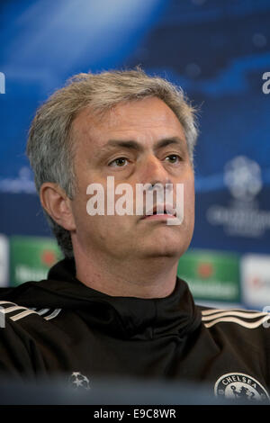 Manager Jose Mourinho of Chelsea F.C. answers questions during a press conference before the UEFA Champions League Semifinal first leg match between Club Atlético de Madrid and Chelsea F.C. at Vicente Calderon Stadium  Featuring: Jose Mourinho Where: Madrid, Spain When: 21 Apr 2014 Stock Photo