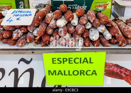 Locally Made Sausages For Sale At The Friday Market In Ca'n Picafort, Mallorca - Spain Stock Photo