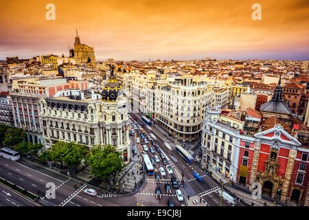 Madrid, Spain cityscape above Gran Via shopping street. Stock Photo