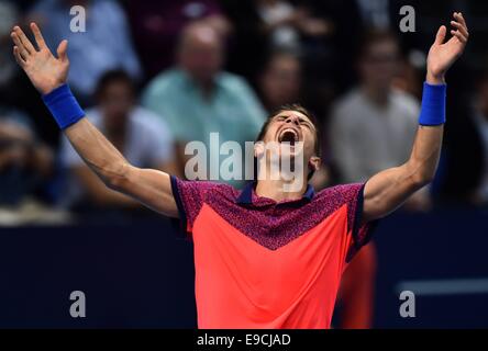 Basel, Switzerland. 25th Oct, 2014. Swiss indoor ATP tennis championships. Celebrations from Borna Coric (CRO) Credit:  Action Plus Sports Images/Alamy Live News Stock Photo