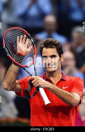 Basel, Switzerland. 25th Oct, 2014. Swiss indoor ATP tennis championships. Celebrations from Roger Federer (SUI) Credit:  Action Plus Sports Images/Alamy Live News Stock Photo