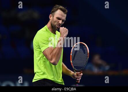 Basel, Switzerland. 25th Oct, 2014. Swiss indoor ATP tennis championships. Celebrations from Ivo Karlovic (CRO) Credit:  Action Plus Sports Images/Alamy Live News Stock Photo