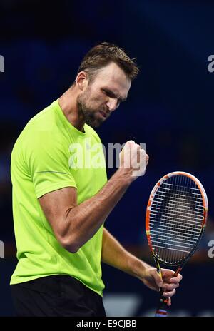 Basel, Switzerland. 25th Oct, 2014. Swiss indoor ATP tennis championships. Celebrations from Ivo Karlovic (CRO) Credit:  Action Plus Sports Images/Alamy Live News Stock Photo