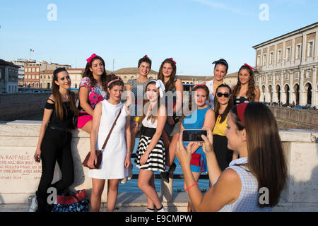 Teenies, Teen, Girls, Young Woman, Selphy, Photo, photography, Selfi, Bridge, River, Fiume Misa, Group, Summer Jamboree 2014 Stock Photo