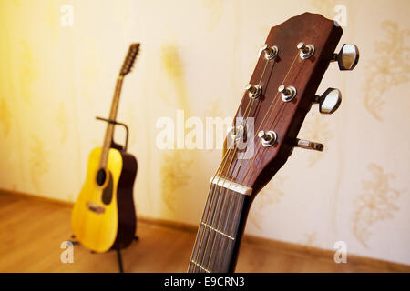 head of acoustic six-string guitar closeup Stock Photo