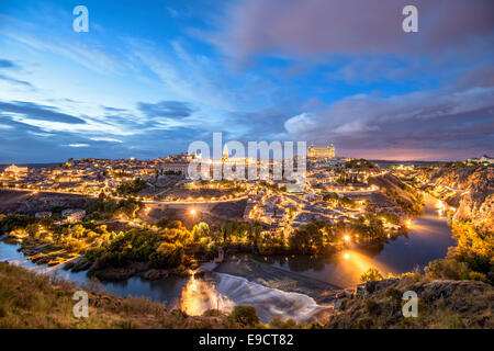 Toledo, Spain town skyline on the Tagus River.