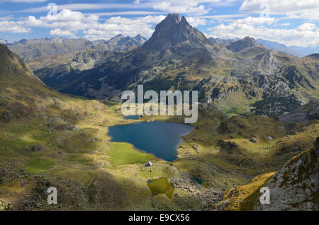 Peak du Midi d'Ossau and the lake Gentau in the Atlantic Pyrenees Stock Photo
