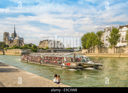 excursion boat on the river seine, in the background ile de la cite with  notre dame cathedral,  paris, ile de france, france Stock Photo