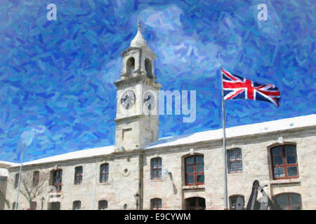 The Clocktower and the Union Jack flying in the Royal Naval Dockyards, Bermuda. Stock Photo