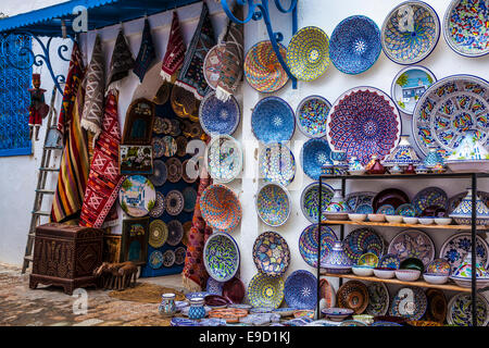 Traditional Tunisian souvenir ceramics outside a shop in Sidi Bou Said, Tunisia. Stock Photo