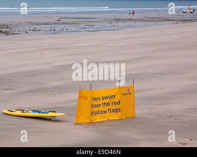 RNLI safety message on a North Devon beach. The charity, entirely funded by private donations, covers 180 beaches around Britain Stock Photo