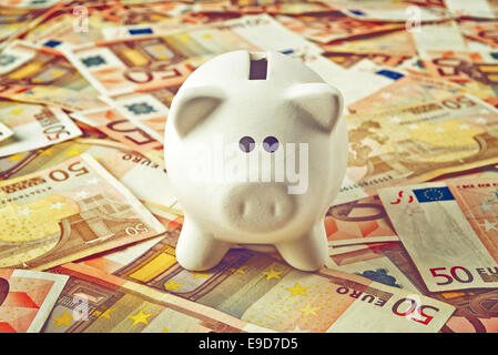 Piggy Coin Bank standing on fifty Euro banknotes pile as home budget theme illustrative image. Stock Photo