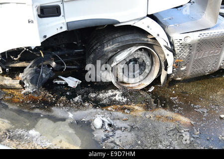 traffic accident , Audi A3, truck , frontal collision, FTO , SS ST 2580 In Oberneuching , Erding , Markt Schwaben , Bavaria , Stock Photo