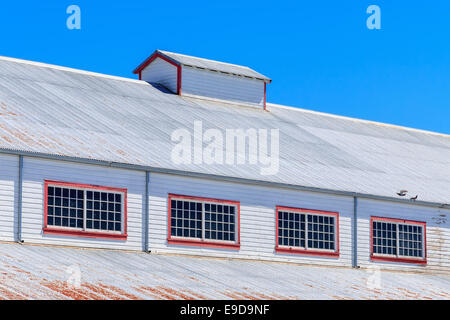 Roof of industrial warehouse against blue sky. Stock Photo