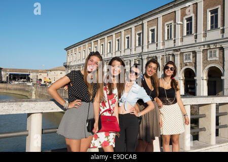 Teenies, Teen, Girls, Young Woman, Selphy, Photo, photography, Selfi, Bridge, River, Fiume Misa, Group, Summer Jamboree 2014 Stock Photo