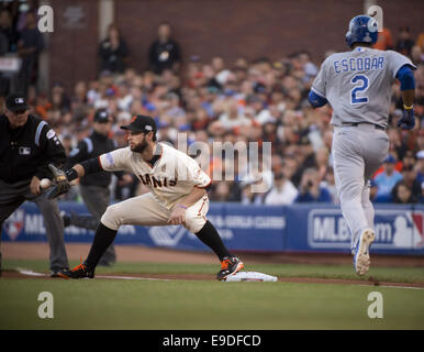 Oct. 25, 2014 - San Francisco, Calif, USA - Kansas City Royals shortstop Alcides Escobar is thrown out at first in the first inning in Game 4 of the World Series at AT&T Park in San Francisco, Calif. on Friday, Oct. 25, 2014. (Credit Image: © Jose Luis Villegas/Sacramento Bee/ZUMA Wire) Stock Photo
