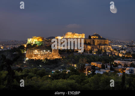 Acropolis by night. View from Monastiraki Stock Photo