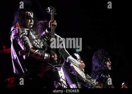 Mexico City, Mexico. 25th Oct, 2014. Gene Simmons of the band 'Kiss' performs during the Hell And Heaven Fest, in Mexico City, capital of Mexico, on Oct. 25, 2014. Credit:  Pedro Mera/Xinhua/Alamy Live News Stock Photo