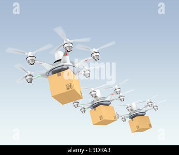 Row of drones delivery cardboard packages for delivery concept Stock Photo