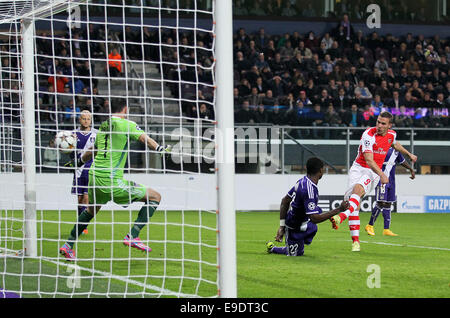 Oct. 22, 2014 - Anderlecht, United Kingdom - Arsenal's Lukas Podolski scoring his sides second goal..- UEFA Champions League - RSC Anderlecht vs Arsenal - Constant Vanden Stock Stadium - Belgium - 22nd October 2014 - Picture David Klein/Sportimage. Stock Photo