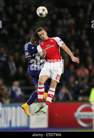 Oct. 22, 2014 - Anderlecht, United Kingdom - Anderlecht's Cyriac tussles with Arsenal's Calum Chambers..- UEFA Champions League - RSC Anderlecht vs Arsenal - Constant Vanden Stock Stadium - Belgium - 22nd October 2014 - Picture David Klein/Sportimage. Stock Photo