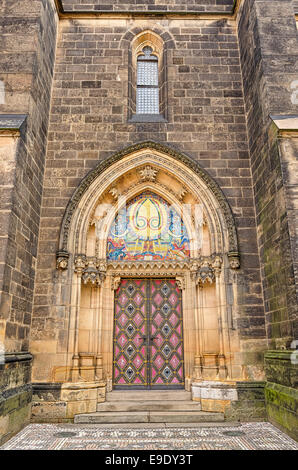 Entrance door of the neo-Gothic Saint Peter and Paul Cathedral in Vysehrad fortress, Prague Stock Photo