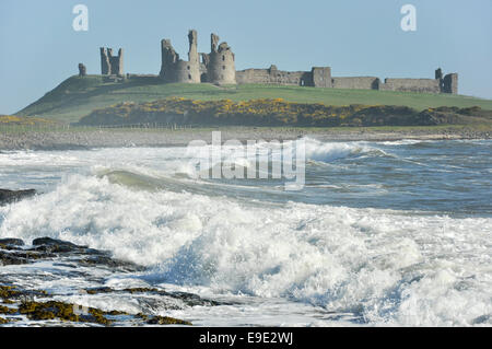 Dramatic surf below Dunstanburgh castle in Northumberland. A sunny day with waves crashing on the rocks. Stock Photo