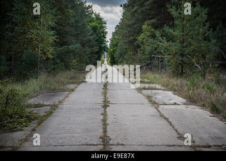 straight road to Chernobyl-2 military base next to Duga-3 Soviet radar system in Chernobyl Exclusion Zone, Ukraine Stock Photo