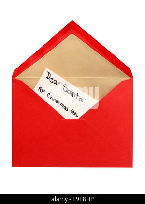 Child's letter to Santa in a red envelope isolated on a white background Stock Photo