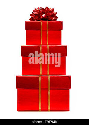 Stack of red gift boxes with ribbon and bow isolated on white Stock Photo