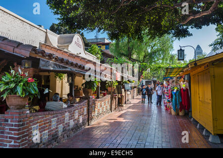 Market booths and El Paseo restaurant on Olvera Street in Los Angeles Plaza Historic District, Los Angeles, California, USA Stock Photo
