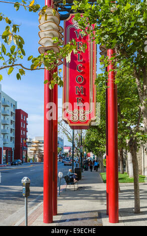 Welcome sign at the entrance to Chinatown, N Broadway, Los Angeles, California, USA Stock Photo