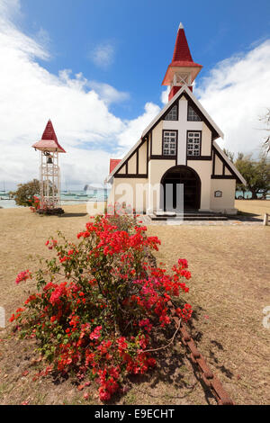 The red roofed church at Cap Malheureux, north coast, Mauritius Stock Photo