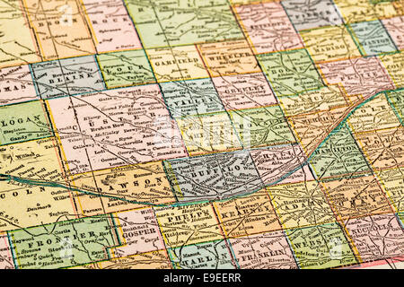 central Nebraska with Platte River  on vintage 1920s map, selective focus (printed in 1926 - copyrights expired) Stock Photo