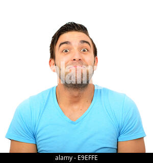 Portrait of clueless man against white background Stock Photo