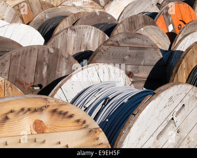 power line cables on wooden spools Stock Photo