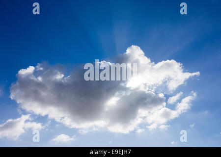 Blue sky with Cumulus cloud and sun rays breaking through. Stock Photo