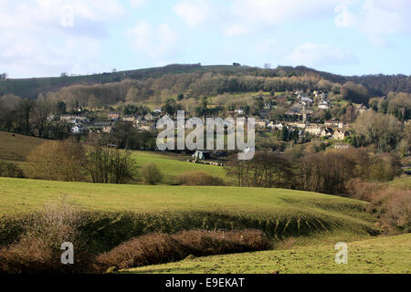 Looking across the A46 (Bath Road) to the villages of North and South Woodchester in the Cotswolds Stock Photo