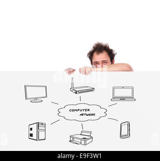 unhappy man holding poster with  computer network Stock Photo