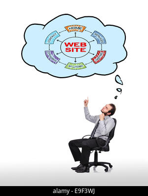 businessman sitting in chair and pointing to cloud with scheme website Stock Photo