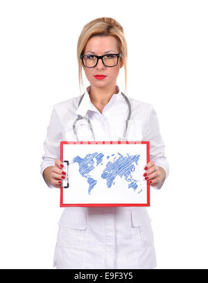 female doctor holding cloipboard with drawing world map Stock Photo