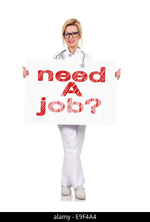 doctor with poster with drawing need a job Stock Photo