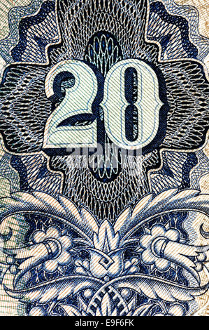 Detail from a 1941 Hungarian 20 Pengo banknote showing number 20 and anti-forgery printed details Stock Photo