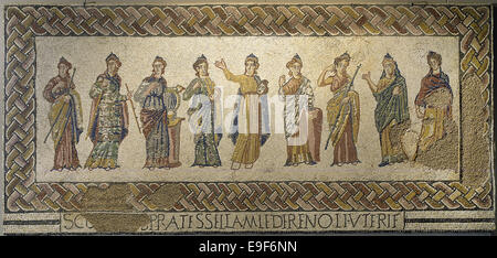 Mosaic of the Muses. From left to right: Calliope, Euterpe, Erato, Thalia, Melpomene, Clio, Polyhymnia, Urania, and Terpsichore. Stock Photo