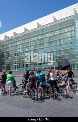 Cycling tour in Barcelona. In front of the MACBA (Museum of Contemporary Art of Barcelona). Barcelona. Spain
