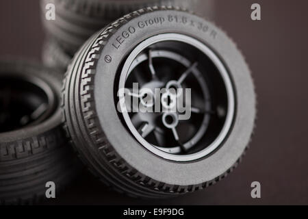 Tambov, Russian Federation - January 12, 2014 LEGO tires on black background. Studio shot. Stock Photo