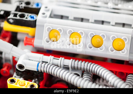 Tambov, Russian Federation - January 12, 2014 LEGO Technic engine of Grand Prix Racer model. Studio shot. Stock Photo