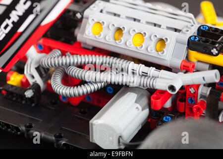 Tambov, Russian Federation - January 12, 2014 LEGO Technic. The engine of Grand Prix Racer model.  Item 42000. Stock Photo